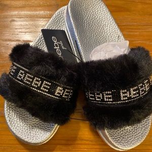 NWT Girl’s Black Faux Fur Silver Rhinestone BeBe Nonskid Slides Shoes 2/3 Large